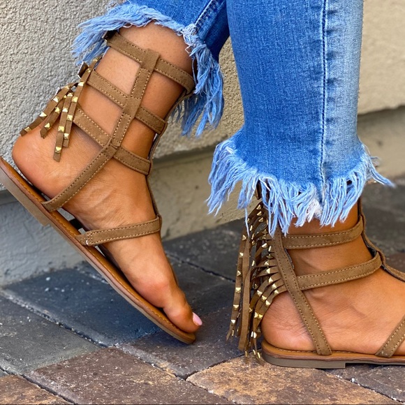 Fringe & Studs Strappy Boho Gladiator Ankle Sandal - Picture 8 of 14
